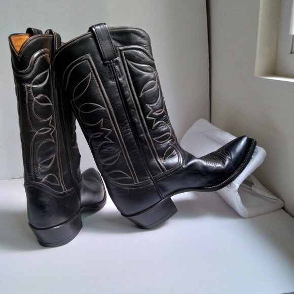 Tony Lama Shoes - Vintage 1990 Tony Lama Black Leather Pointed Toe Slanted Heel  Cowboy Boots Sz 9